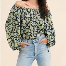 Free People FAB Sundown Paisley Balloon Sleeves Cotton Bodysuit In Blue/Green L