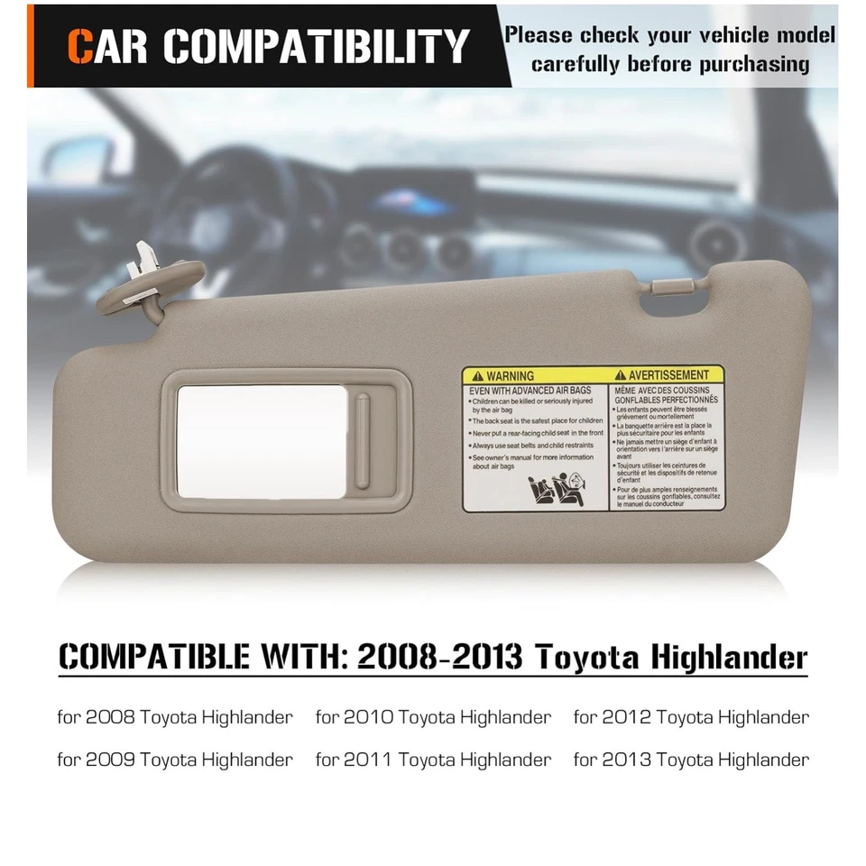 1 par de parasoles para Toyota Highlander 2008-2013 con espejo retrovisor beige Foto 3 de 4