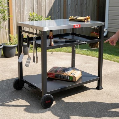 Versatile 3-Shelf BBQ Prep Station with 33.5'' Stainless Steel Surface