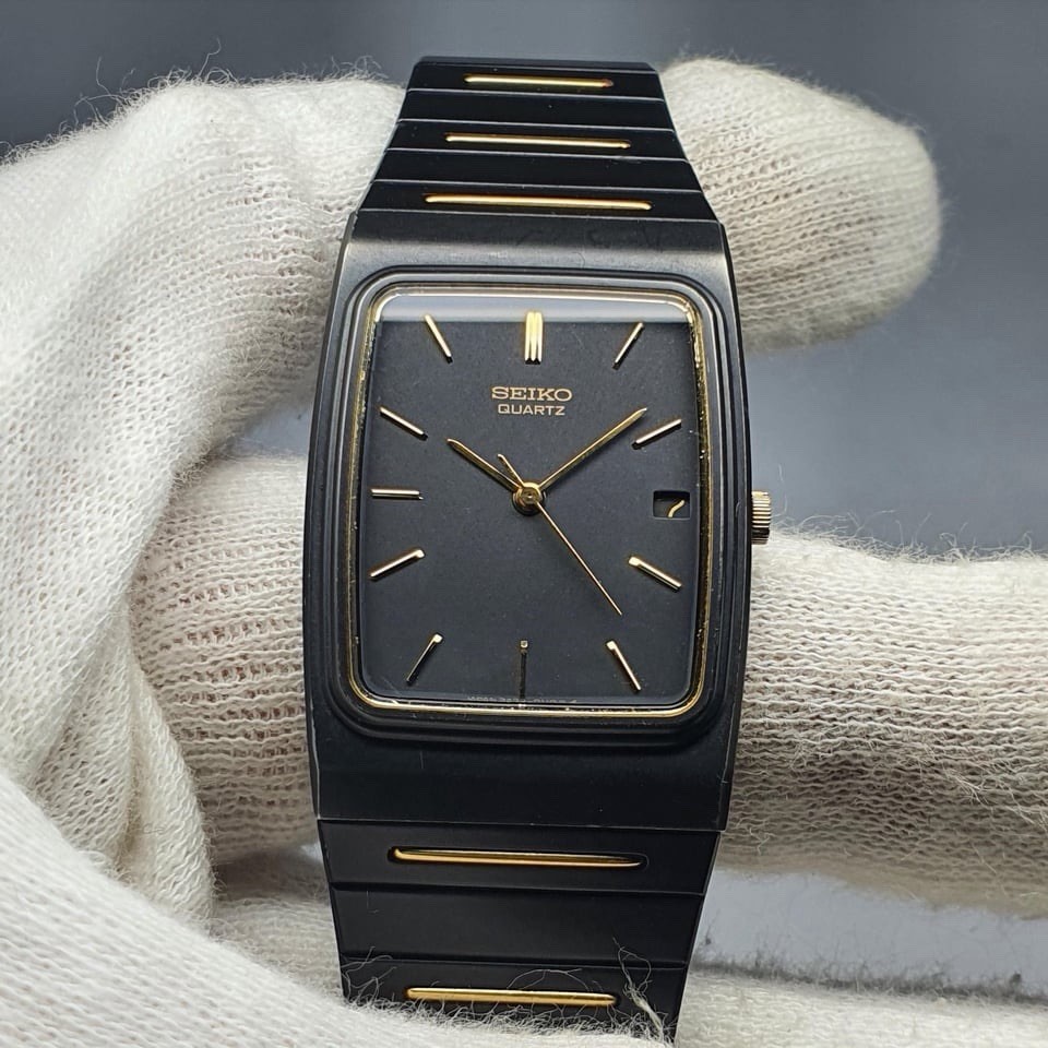 Neo Vintage Seiko Quartz Watch Tank Black Gold Tone Thin New