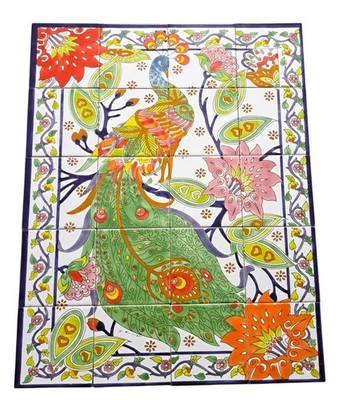 Tableau Carreaux Peints à la Main Paon 60x75 cm Mosaïque Art déco - Photo 1/4
