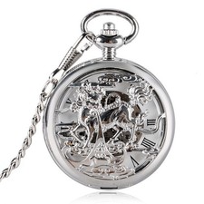 Silver Skeleton Handwinding Mechanical Pendant Pocket Watch Pendant Chain Gift