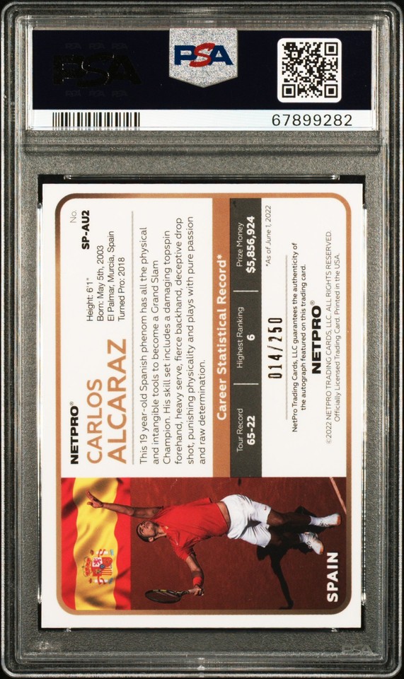 2022 NETPRO PREM AUTO RAINBOW #SPAU2 CARLOS ALCARAZ 14/250 PSA 9 AUTO ...