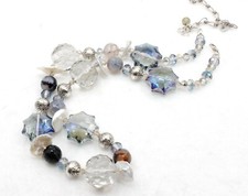 Chunky Blue Smoked Silver Pearl Crystal Bead Necklace 26" ~ New Without Tag