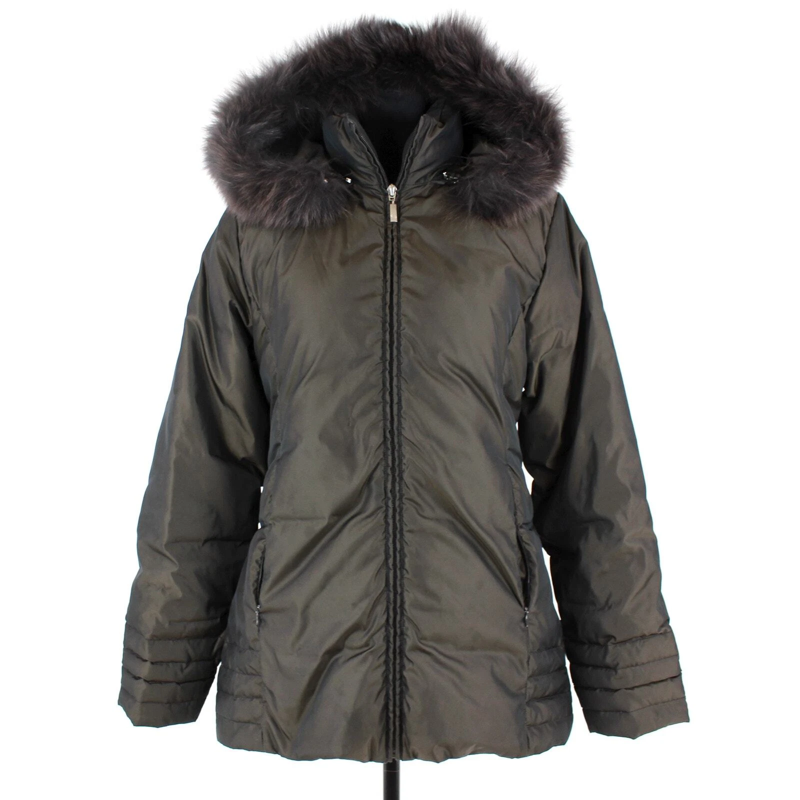 Giacca parka Moncler verde oro scintillante piumino imbottito bordo pelliccia con cappuccio 2 Medium
