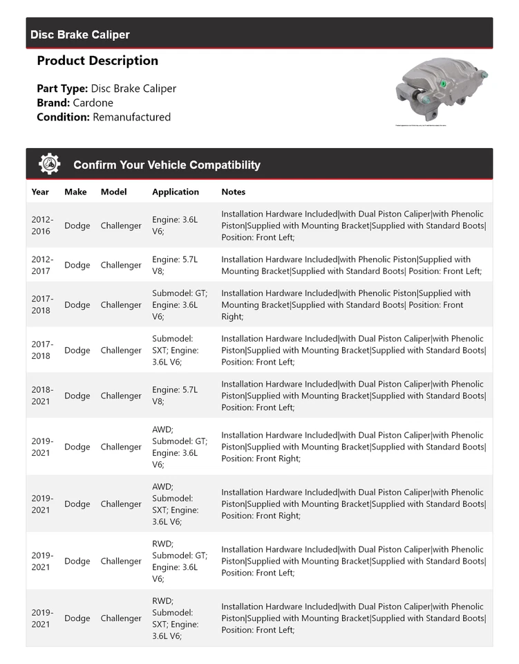 Pinza de freno de disco Cardone para Dodge Challenger 2012-2021 2013 2014 2015 2016 Foto 2 de 4