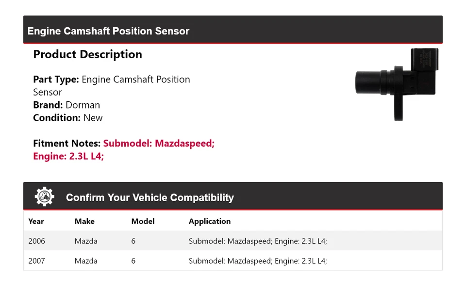 Sensor de posición del árbol de levas del motor Mazda 6 Dorman 2006-2007 Foto 2 de 4