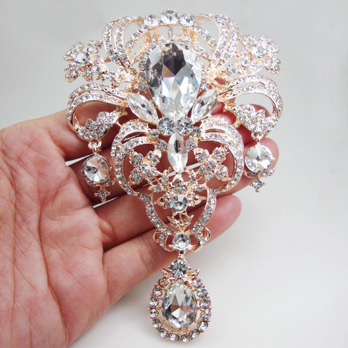Rose Gold Tone Fashion Bride Brooch Pin Clear Rhinestone Crystal