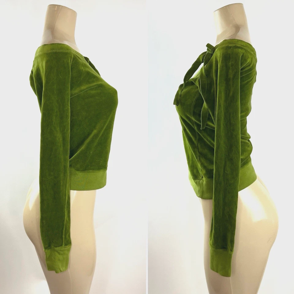 Y2K Vintage Juicy Couture Top Womens Size S Green Velour Off Shoulder Bow Shirt - Image 3 of 4
