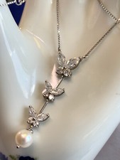 Sterling Silver Pearl Butterfly Necklace 5.5g Fine Jewelry 17" Clear Stones