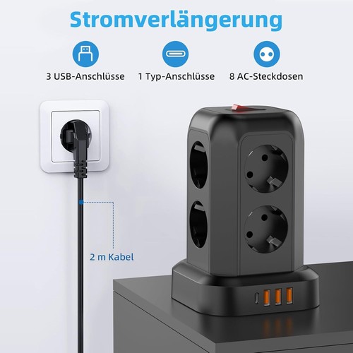 8 Fach Steckdosenleiste 4 USB Mehrfachsteckdose Steckdosenturm Multi Steckdosen - Bild 14 von 15