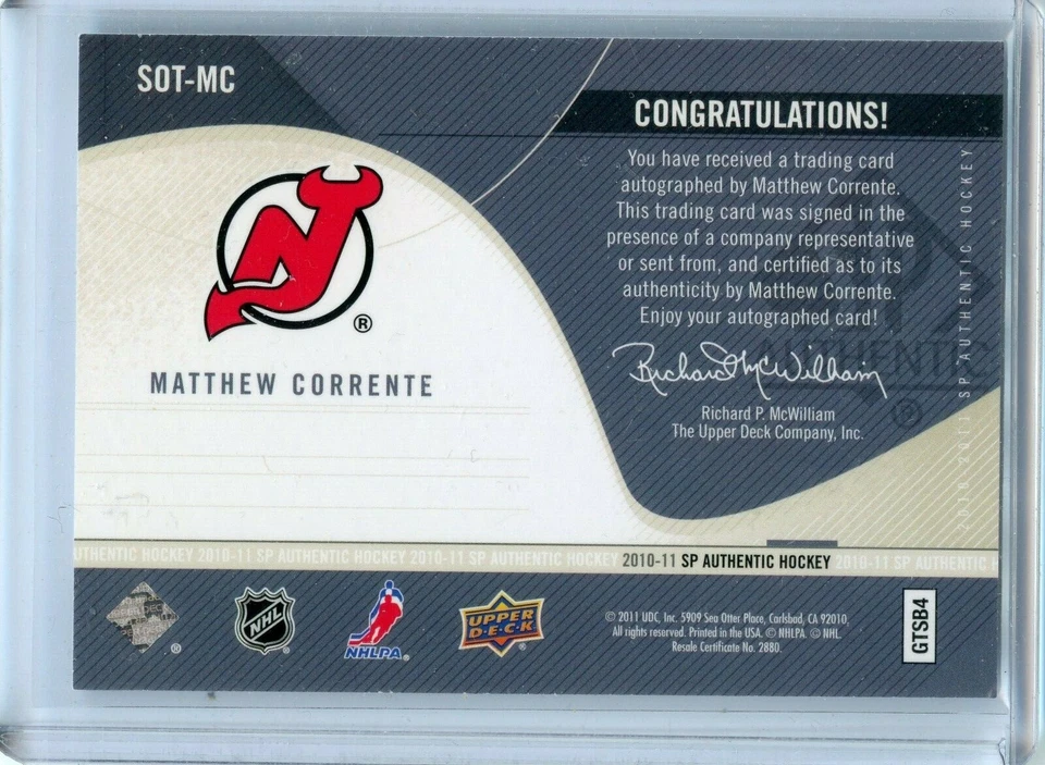  2010-11 SP Authentic Sign of the Times #SOT-MC Matthew Corrente - Image 2 of 2