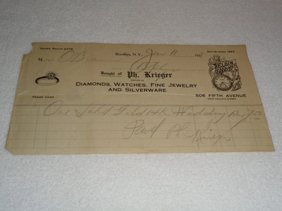 1918 Solid Gold 14K Wedding Ring Krieger Brooklyn, New York Rare Antique Receipt - Image 2 of 4