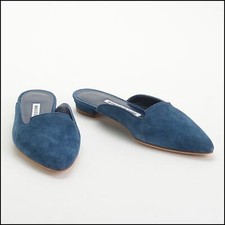 RDC14163 Authentic MANOLO BLAHNIK Blue Suede Flat Mules Size 5