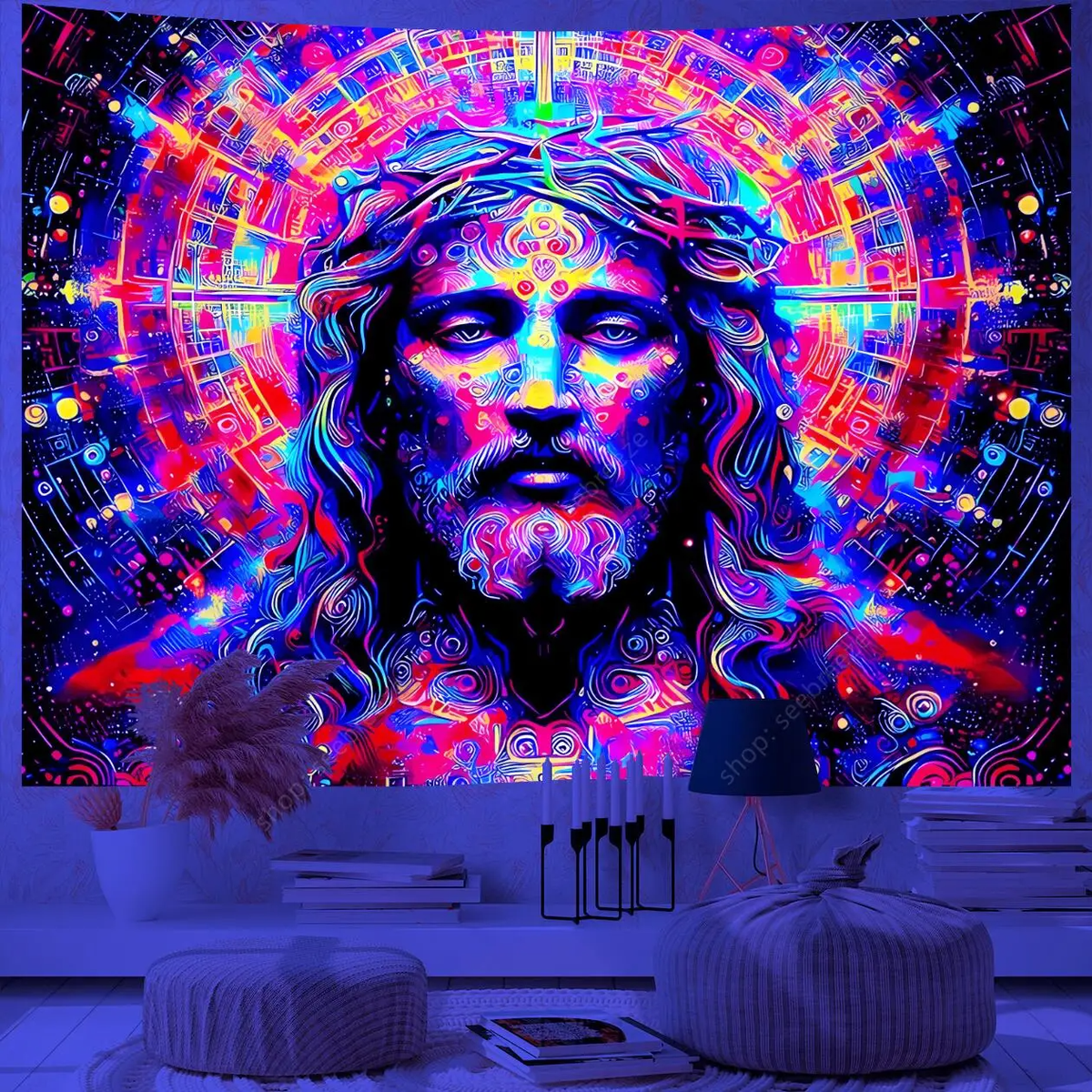 Light In The Box Wall Tapestry Blacklight Jesus Tapestry Trippy Psychedelic  Christmas UV Reactive Wall Hanging, image size:1200x1200