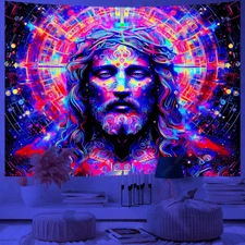 Blacklight Jesus Tapestry Trippy Psychedelic Christmas UV Reactive Wall Hanging