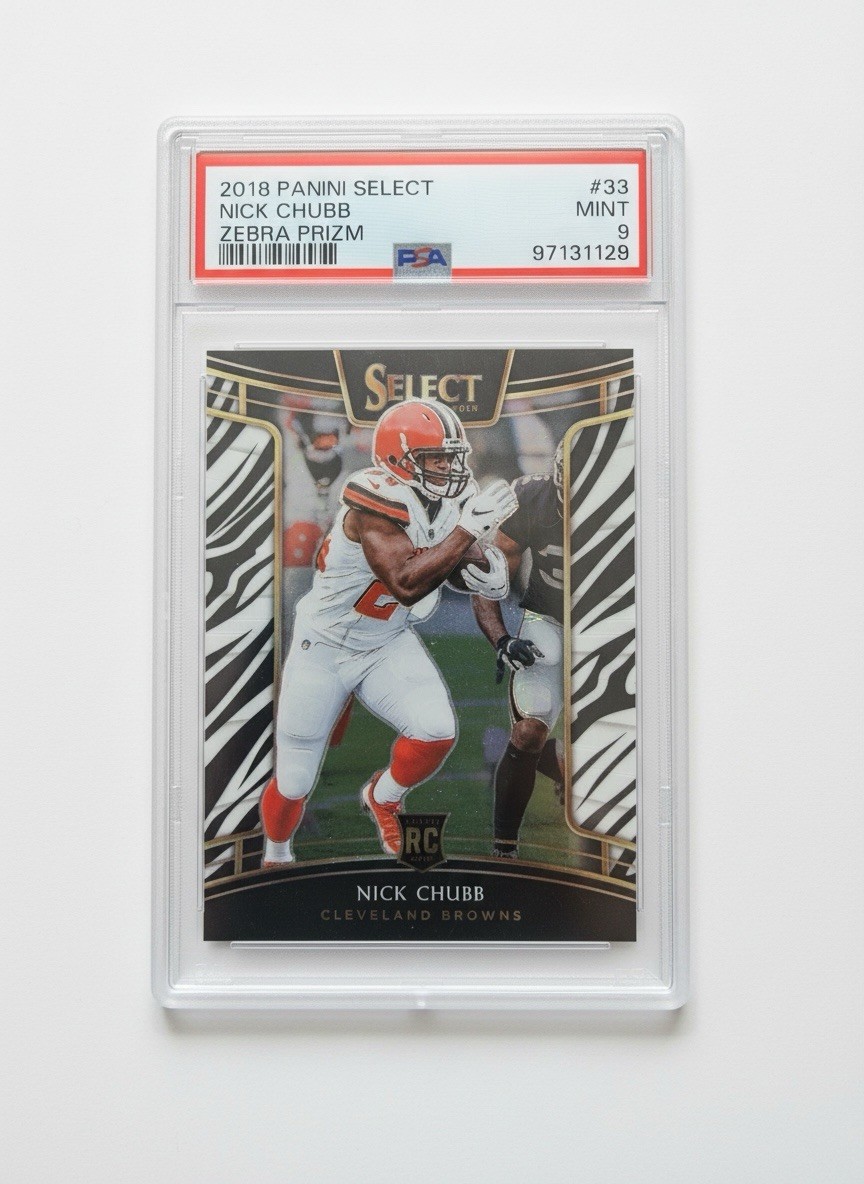 2018 Panini Select Nick Chubb Zebra Prizm RC #33 PSA 9 Mint –SSP Case Hit Rookie