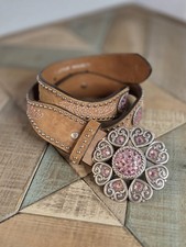 Nocona Womens Leather Brown Scalloped Belt Buckle Med Pink Gem Embellishment