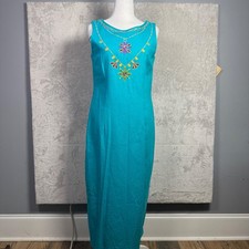 Ultra Dress NY Teal Linen Blend Embroidered Embellished Sleeveless Maxi Dress 8