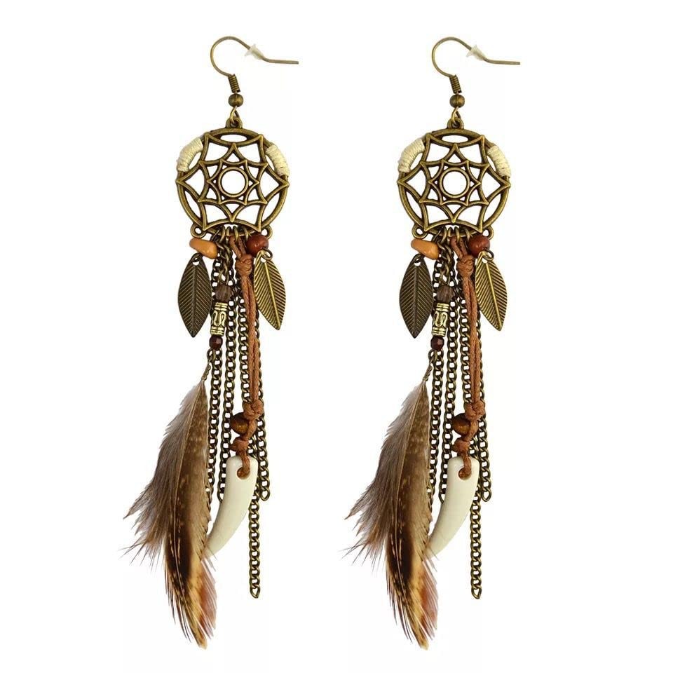 Brown Dream Catcher Feather Earrings Vintage Bohemian Ethnic Dangle Earrings ...