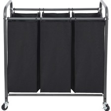 Laundry Sorter 3 Section Rolling Cart Basket Lockable Wheels Removable Black