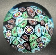 Vintage Murano Millefiori Mini Art Glass Paperweight In Green Red Yellow Blue