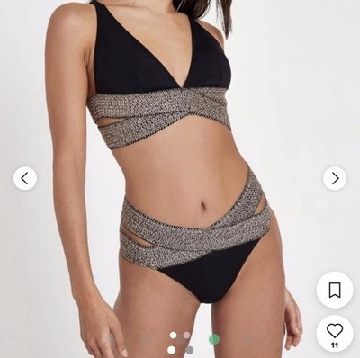 River Island RI Resort Black Bikini Set Metallic Band UK 8 US 4 EU 34