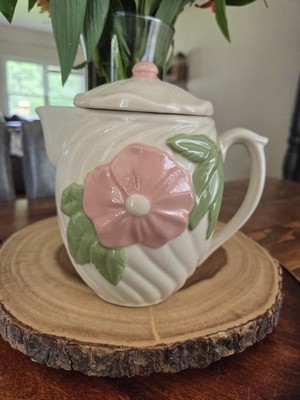 Vintage American Bisque Pottery Pitcher Pink Floral Swirl