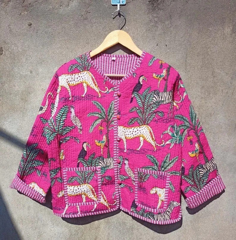 Indian Pink Tiger Cotton Quilted Unisex Jackets Women's Clothing Jackets US