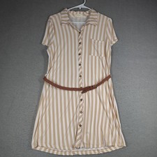 No Comment Womens L Tan White Stripe Button Shirt Dress Belted Short Sleeve EUC
