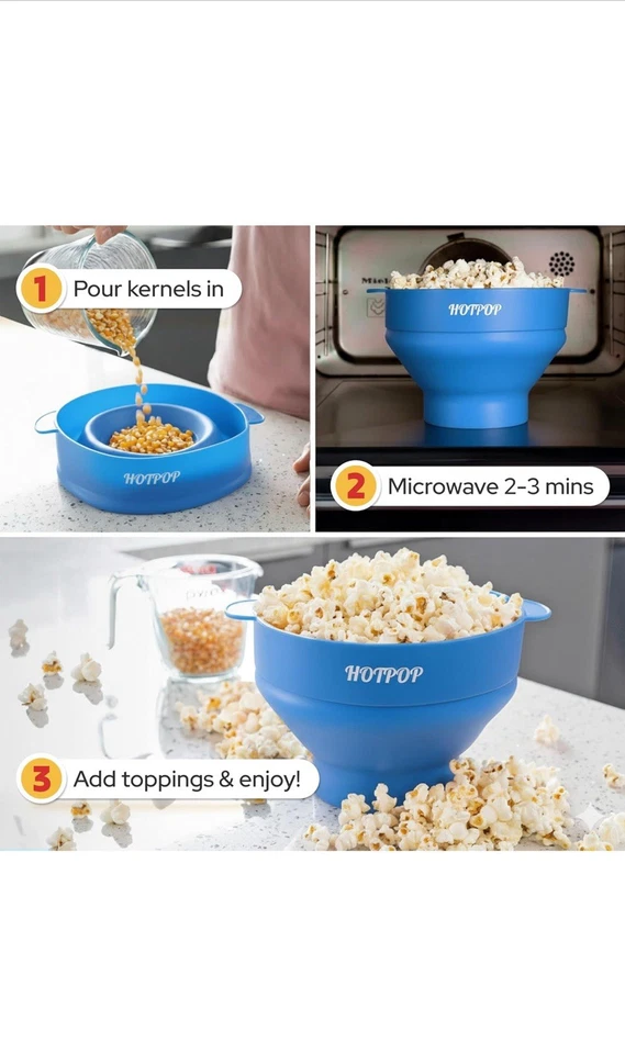Máquina de palomitas de silicona Hotpop plegable sin BPA nueva envío rápido gratuito (azul) Foto 3 de 4