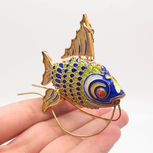 Authentic 925 Sterling Silver Gold Plated Antique Enamel Chinese Koi Fish Chatelaine Fob