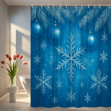 Winter Wonderland Blue Shower Curtain with Snowflakes and Ornaments