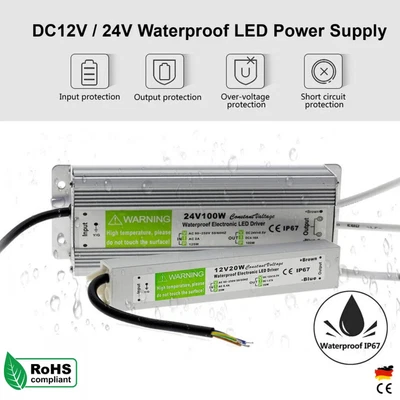 LED Trafo 24V 12V DC Wasserdicht Transformator Netzteil IP67 LED Strip 10-200W - Bild 1 von 4