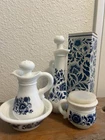 4 Piece Vintage Avon Lot Delft Blue Milk Glass Pitchers, Bowl And Sachet