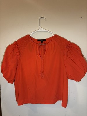 Marc New York Orange Puff Sleeve V Neck  Pleated Blouse Top Size L Designer