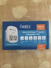 Kit adaptador de viaje Ceptics World - QC 3.0 2 USB + 2 tomas de corriente de EE. UU., protección contra sobretensiones...
