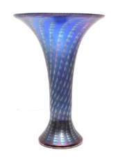 VTG Lundberg Studios Blown Art Glass Iridescent Zipper Snakeskin Flared Vase 10"