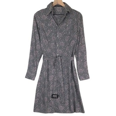 Hans Ubbink 100% Cotton Belted Midi Shirt Dress Sz L Gray Pink Flora L/S Belted