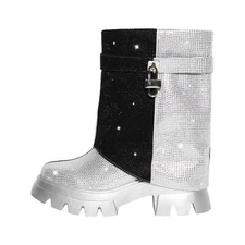 Women Silver Black Rhinestone Patchwork Mid-calf Pull on Fold Over Fashion Boots