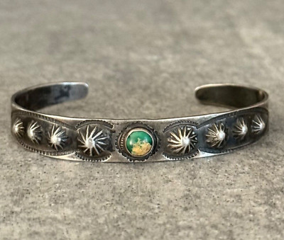 OLD FRED HARVEY ERA Navajo CERRILLOS Turquoise WHIRLING LOG Silver Bracelet