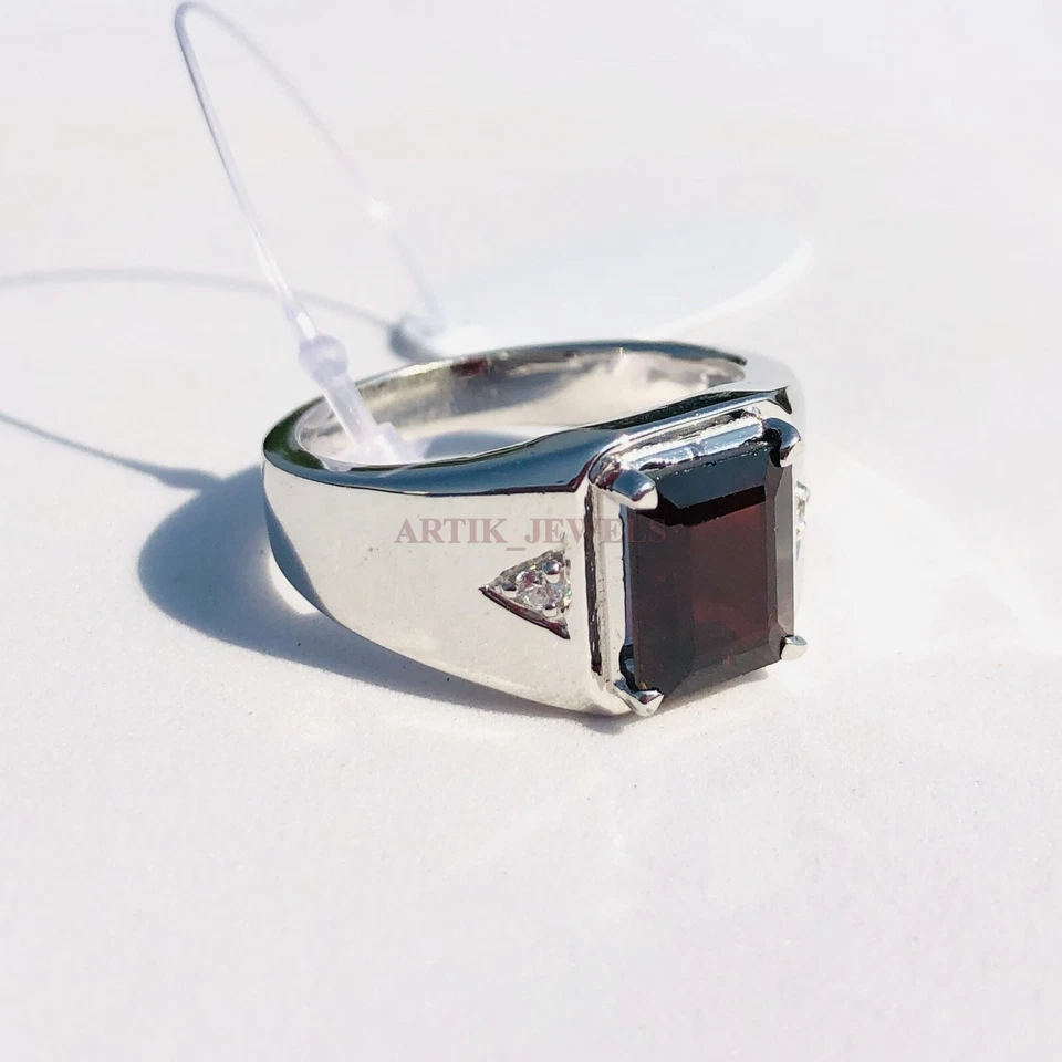 Anello In Argento Sterling 925 Con Gemma Di Granato Naturale Per Uomo AJ788 - Immagine 2 di 2