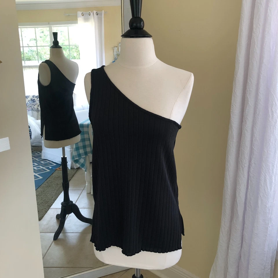 Womens One Shoulder Tank Top Small P Black Ribbed Scallop Hem Dark Sexy NWOT - Image 3 of 4