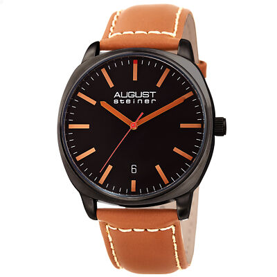 Men's August Steiner AS8245BKBR Quartz Black Tan  Stiched Leather Strap Watch