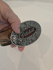 PETERBILT Buckle  Leather Belt Sz 30-35 Pewter Finish Enamel Trucking Diner