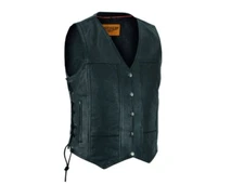 Womens Black Genuine Leather Motorcycle Vest Large Pleated Button Closure Biker