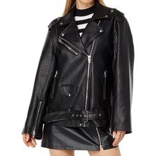 Leather Jacket Women With Side Zip Closer And Belted Waist Biker Style Jacket