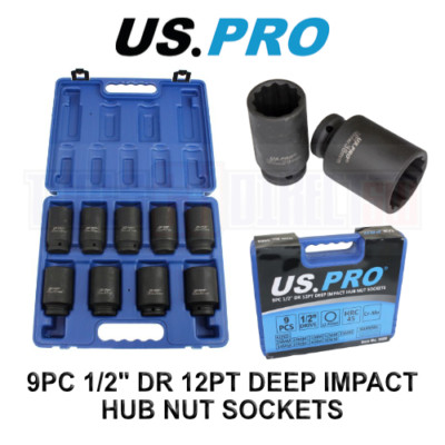 US PRO Tools 9 Stck. 1/2 Zoll Bohrer 12pt Deep Impact Nabennuss Steckschlüsseleinsätze 29 mm bis 38 mm 3688