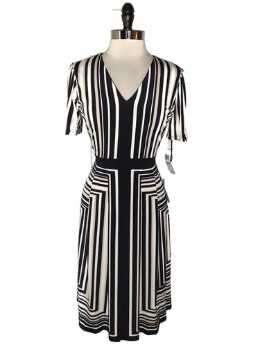 NEU LONDON TIMES Größe 10 A-Linie Kleid schwarz beige elfenbein Streifen Kurzarm