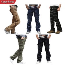 Mens Army Cargo Combat Work Pants Twill Casual Cotton Regular-Fit Trouser
